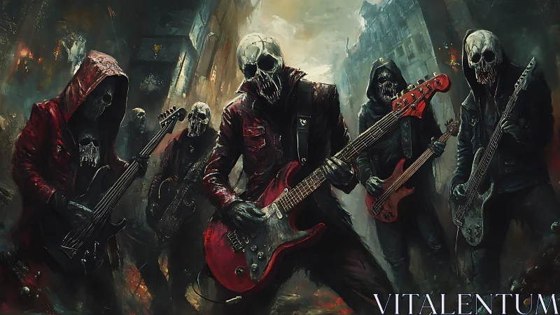 Skull-masked guitar ensemble in apocalyptic urban alleyway.