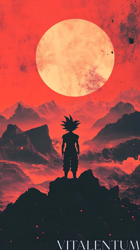 Silhouetted warrior under oversized apocalyptic lunar disc.