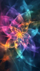 Radiant fractal flower swirling in luminous neon hues.