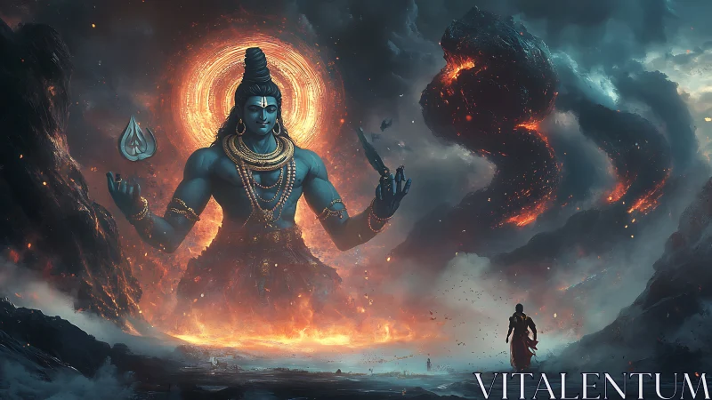 Mythic blue deity rises from volcanic storm haloed in fire.