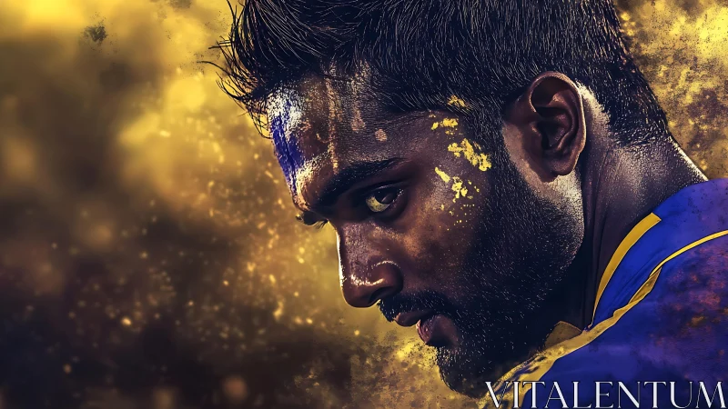 Focused athlete stares ahead amid glowing golden dust storm