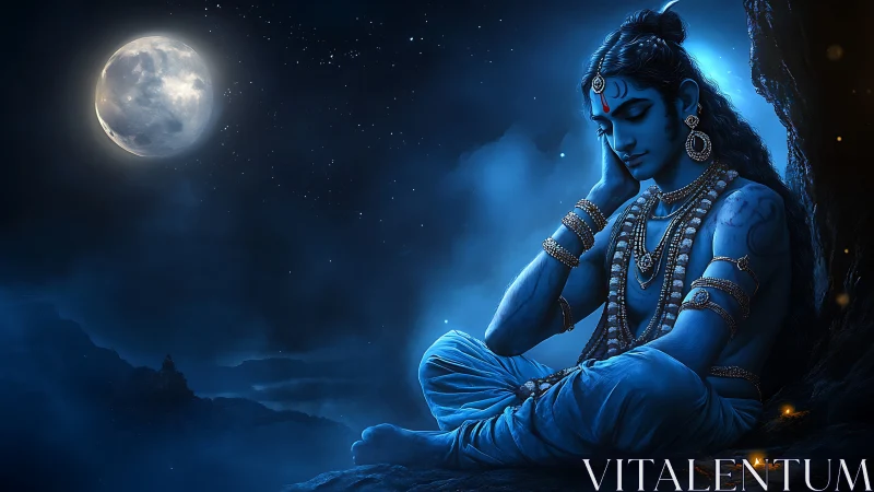 Blue-skinned deity figure sits in moonlit cave at night