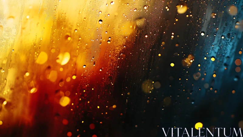 Photorealistic bokeh droplets on glass in warm cool gradient.