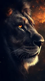 Majestic lion profile against dark fiery backdrop.