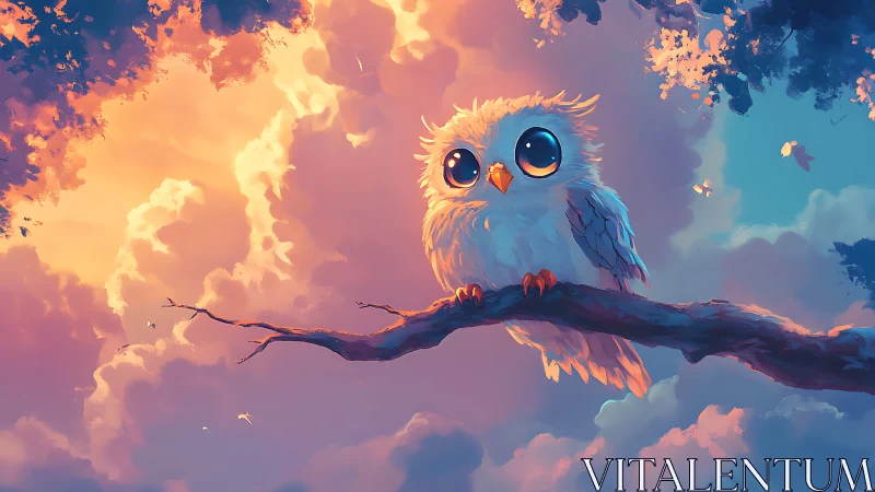 Whimsical baby owl with large eyes on a branch, digital fantasy art.