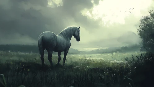 White horse standing in misty open field under cloudy sky.