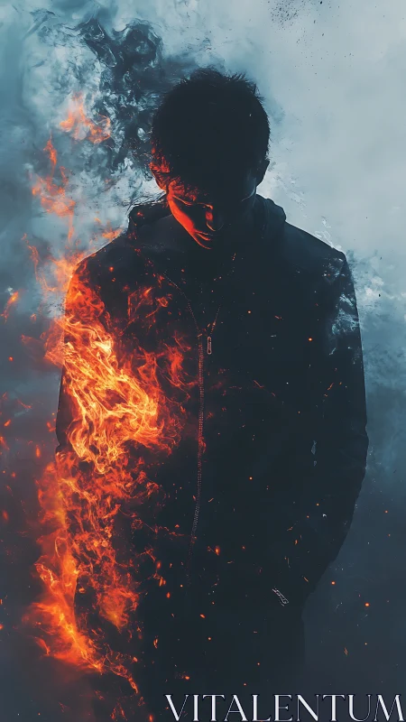 Silhouetted figure engulfed in asymmetric elemental fire.