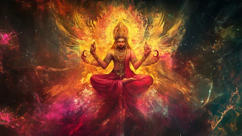 Radiant cosmic goddess meditates in swirling fiery nebula