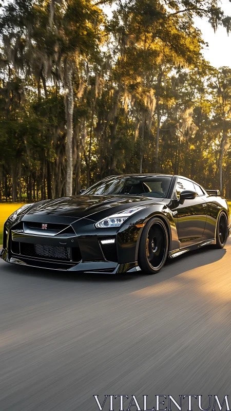 Black Nissan GT-R races through sunlit forest highway