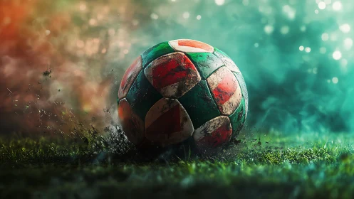 Weathered soccer ball on misty field with dynamic lighting.