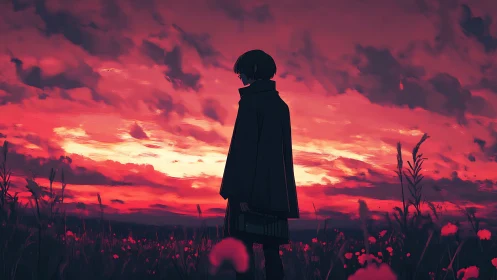 Solitary figure in dark coat under intense red sunset sky.