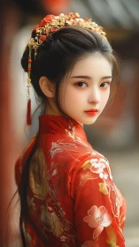 Digital portrait of woman in ornate red traditional dress.