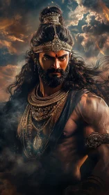 Storm-lit warrior prince crowned in mythic gold armor.