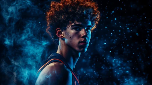 Intense athlete portrait under dramatic blue rim light.