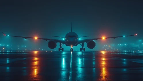 Midnight airliner waits calmly on a glowing wet runway