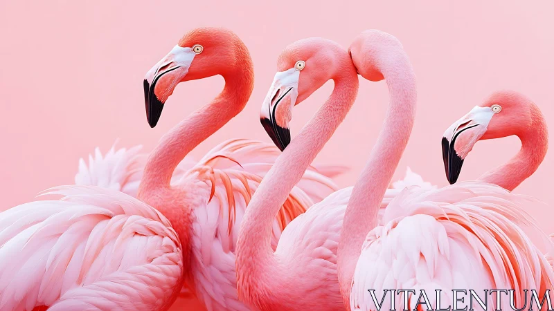 Four pink flamingos aligned against soft pastel backdrop.