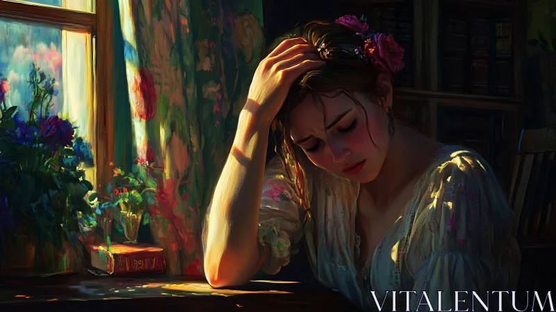 Young woman by sunlit window in contemplative posture.