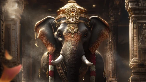 Decorated temple elephant with ornate gold ceremonial adornment.