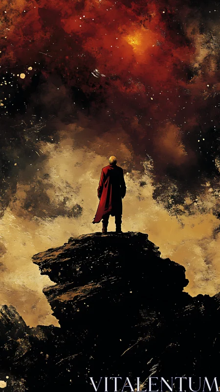 Stargazer in crimson coat poised beneath a burning nebula.