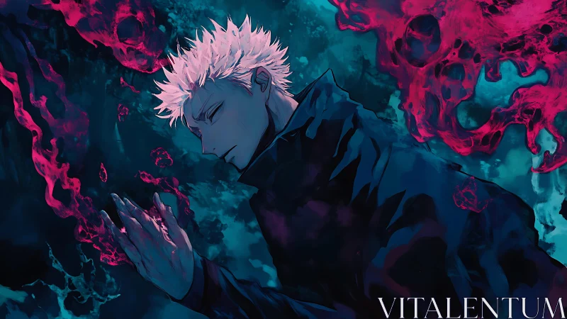 White haired figure stands in profile amid red spectral forms