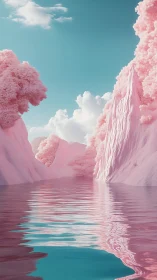 Dreamlike pink canyon lake shimmers beneath tranquil turquoise sky