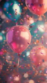 Vibrant Balloons Suspended in Confetti Explosion.
