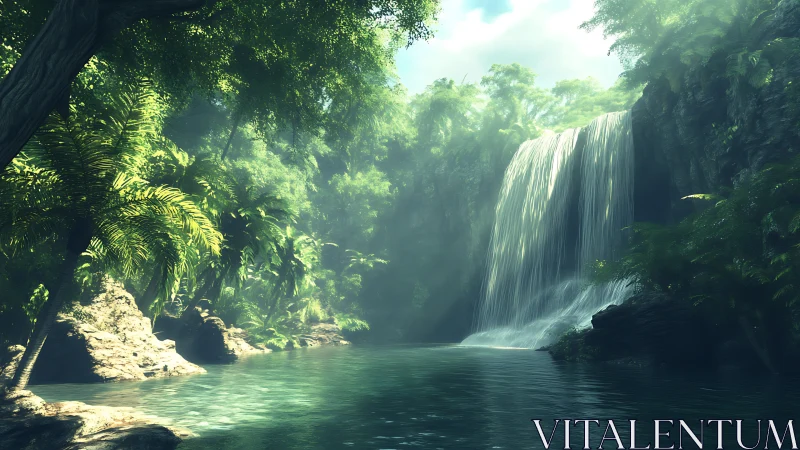 Sunlit tropical waterfall descends into clear jungle pool