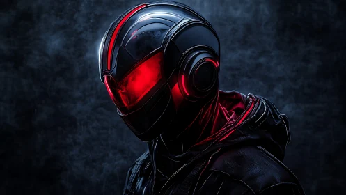 Helmeted figure in red illuminated visor faces left in darkness