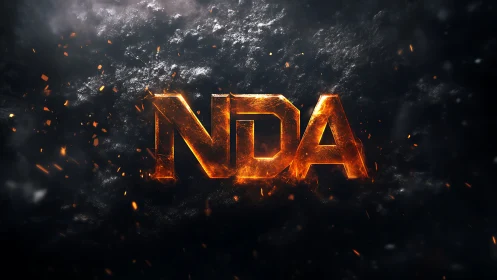 3D molten metal NDA logotype in dynamic ember field.