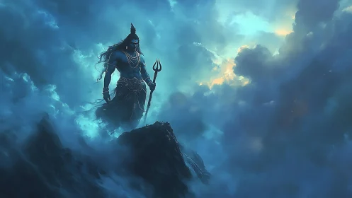Serene blue deity stands strong amid swirling sacred clouds.