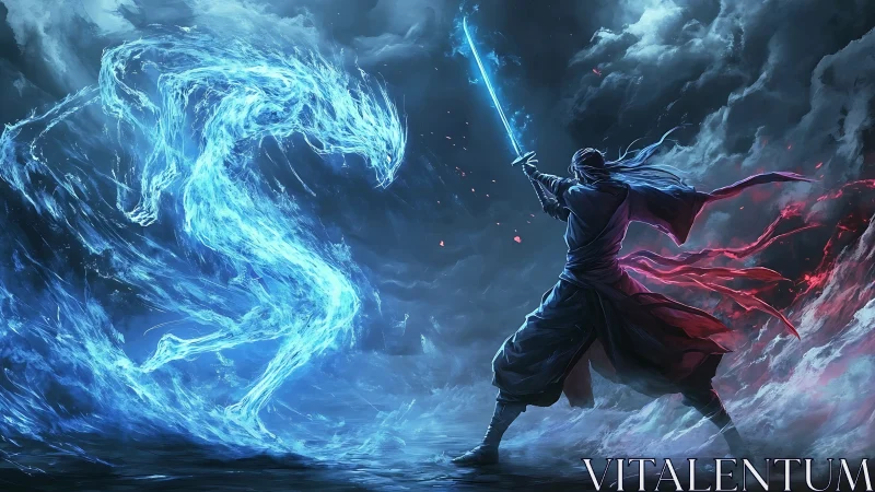 Digital painting duel of swordsman and elemental wraith in stormscape.