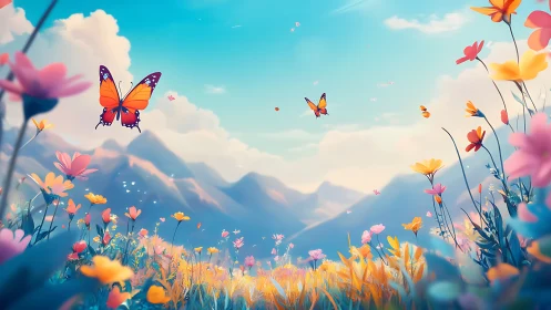 Ethereal meadow blooms with vibrant butterflies dancing through sky.