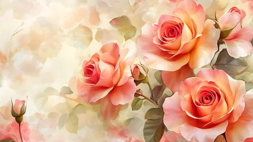 Coral Roses Dance Through Watercolor Dreams in Soft Bloom