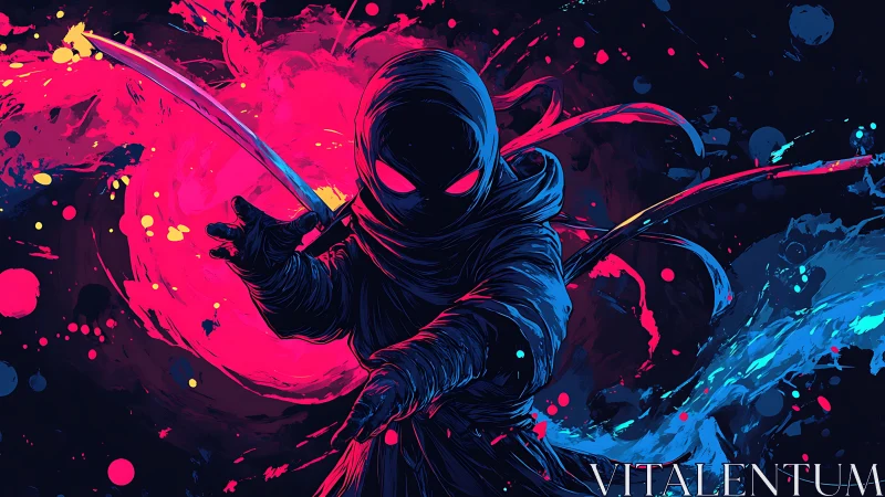 Neon cloaked ninja with dual katanas amid magenta cyan vortex