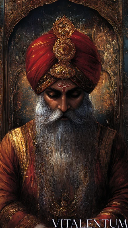 Regal bearded elder in ornate red turban and gold robes.