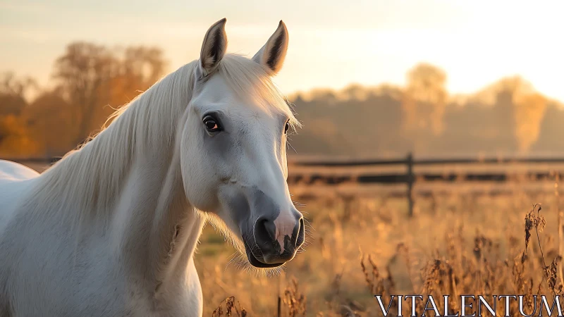 White horse in golden sunset pasture, warm autumn light.