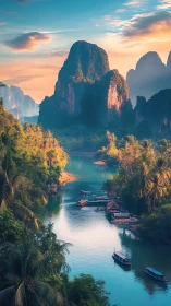 Tropical karst river corridor with illuminated limestone towers.