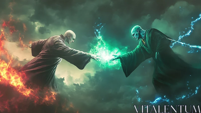 Two robed sorcerers in midair duel with opposing energies.