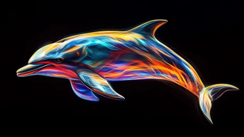 Neon lightwave dolphin rendered on black void background.