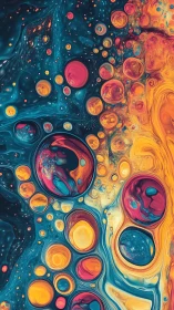 Abstract circular forms interact within fluid multicolor field