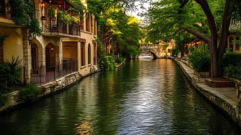 Riverside walkway and bridge under warm evening light.