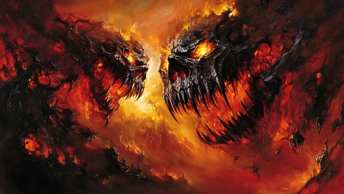 Flaming demonic skulls clash within swirling inferno void