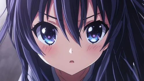Anime girl portrait with luminous reflective violet eyes.