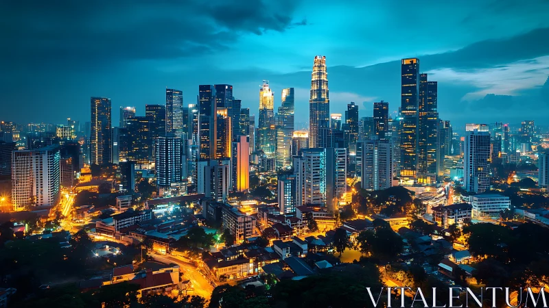 Luminous city skyline glows beneath a dramatic teal dusk