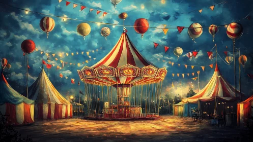 Nocturnal carnival carousel under glowing festival lanterns.