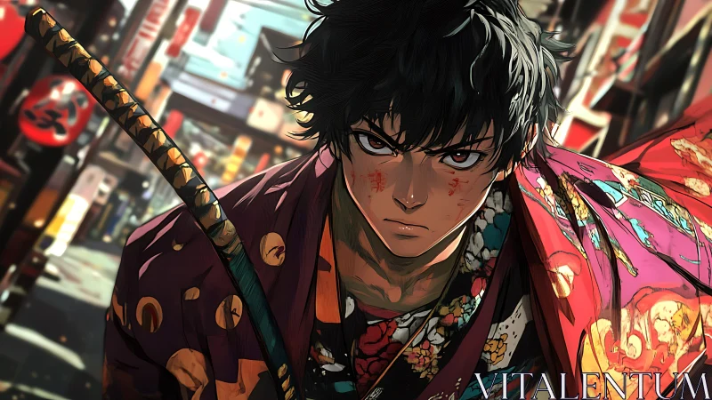 Samurai youth stares forward in neon city street scene