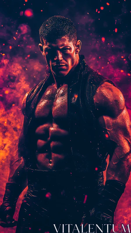 High contrast portrait isolates muscular fighter amid fiery bokeh haze
