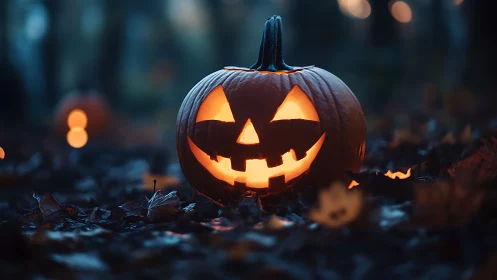 Glowing jack-o’-lantern smiles in a misty autumn forest night.