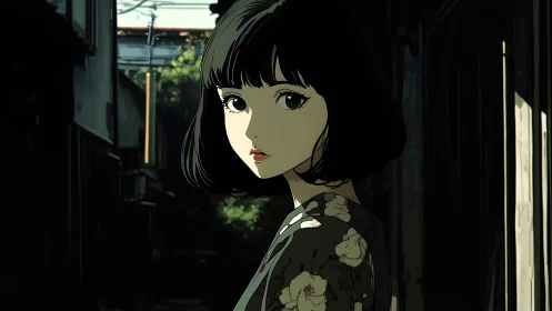 Quiet alley girl turns toward the light with gentle wonder