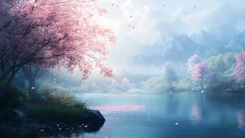 Serene spring lake with pink blossom trees and misty peaks.